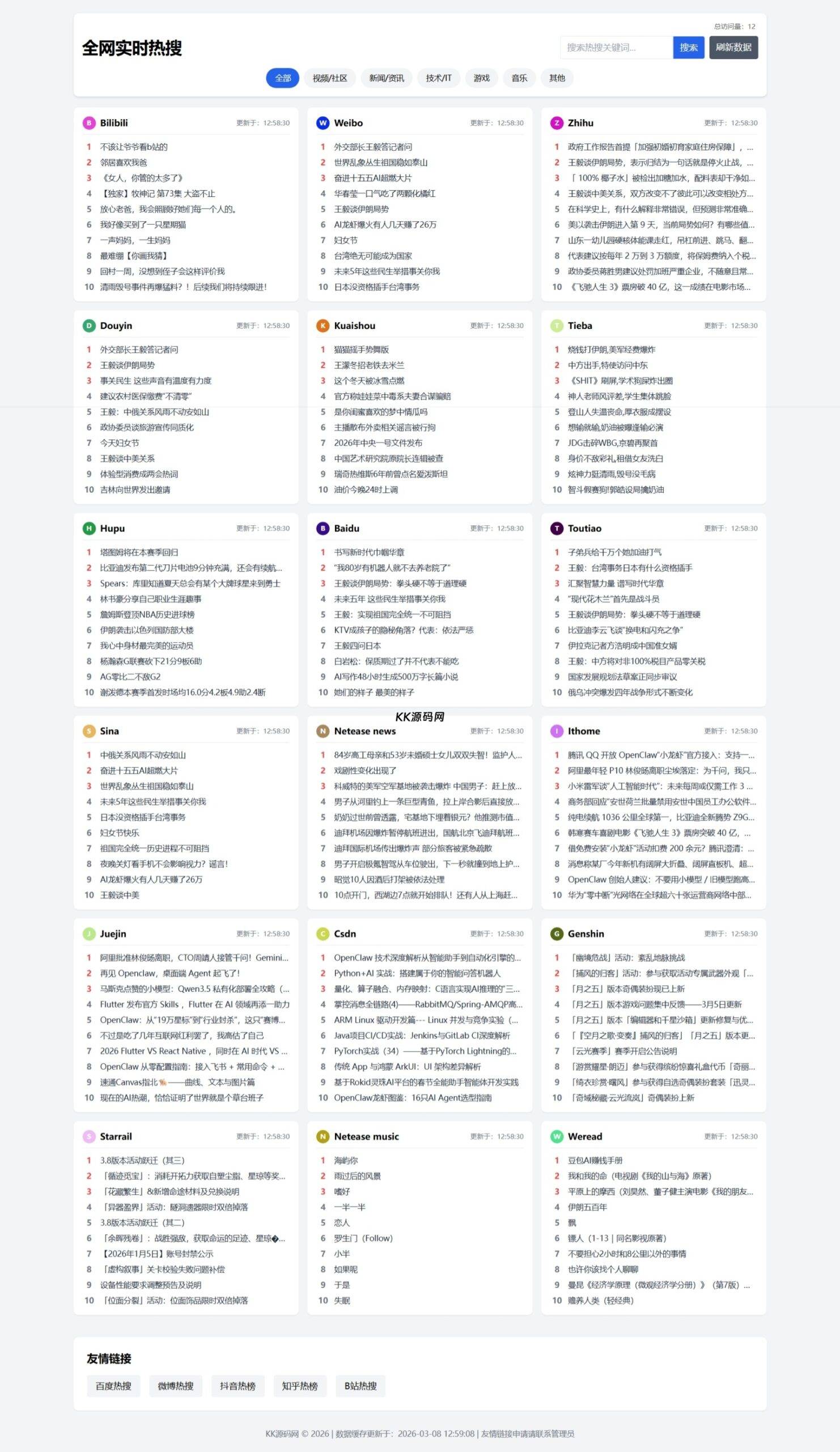 热搜聚合网站源码（极速加载+SEO优化+全功能完整版）